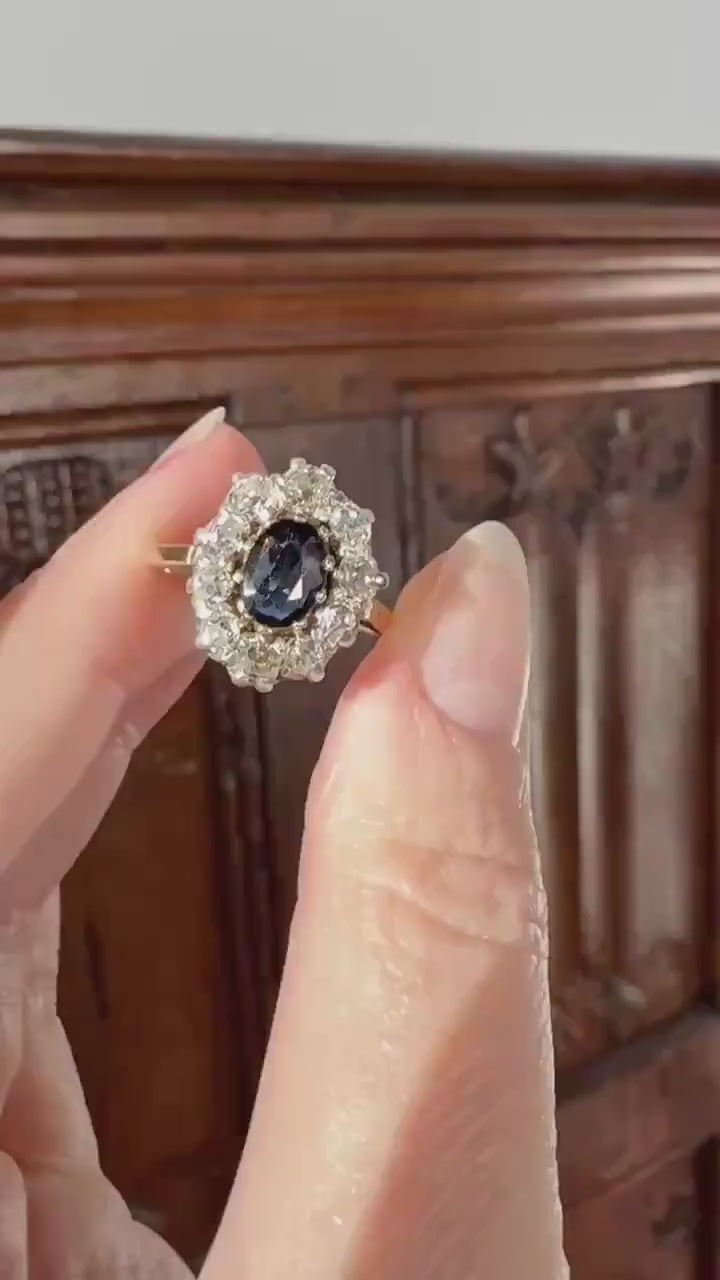 Vintage Natural SAPPHIRE Blue Antique 1.25 Carat Tdw Old Mine Cut DIAMOND Chunky Halo Ring 18k Gold 1.25Ctw OMC