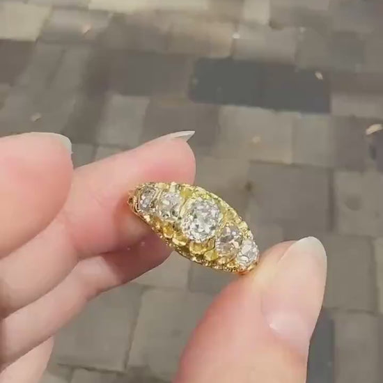 Most Ornate Victorian Antique Chunky Five Stone 1.8 Carat Old Mine Cut Diamond Band 18k Gold Ring Stacker Crown Prongs Scrolled 1.8Tcw OMC
