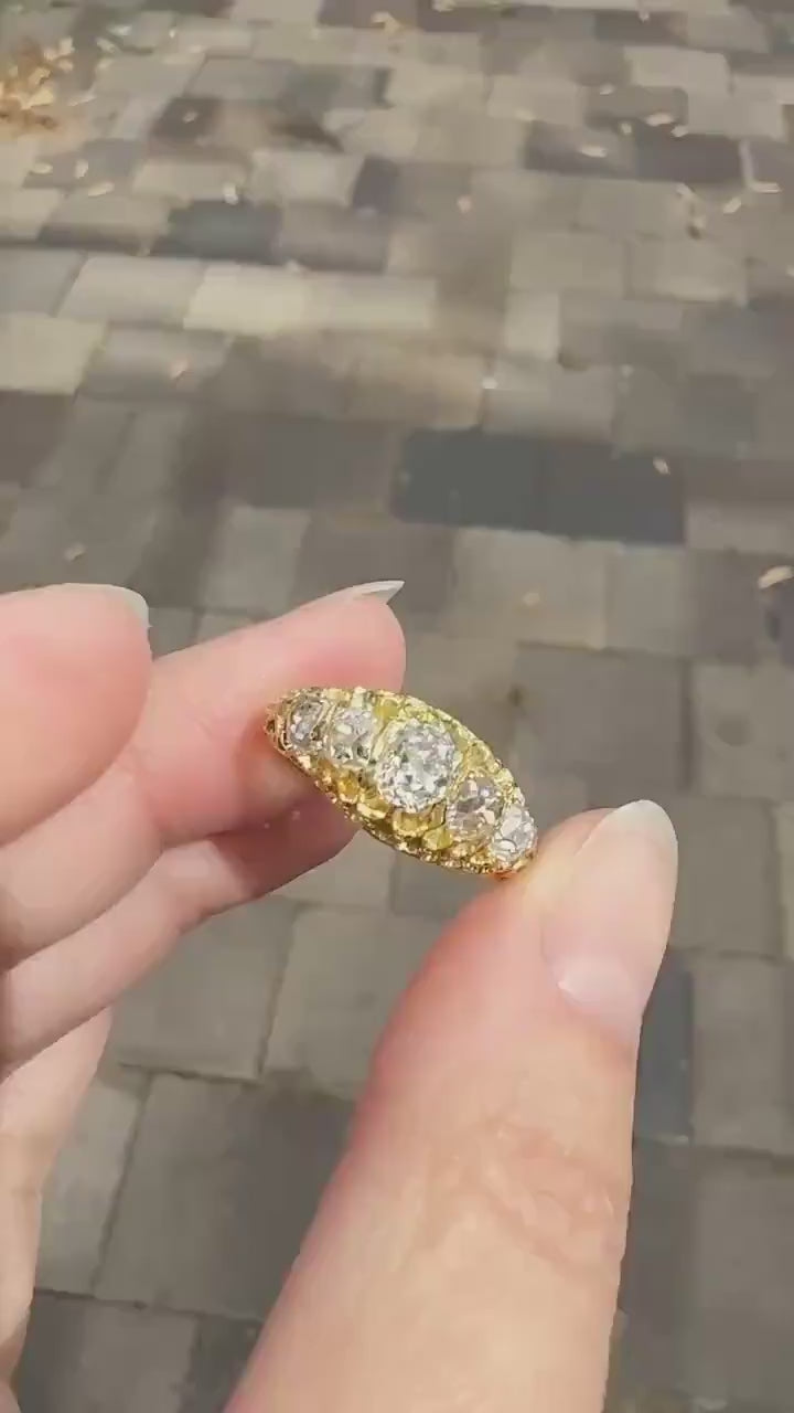 Most Ornate Victorian Antique Chunky Five Stone 1.8 Carat Old Mine Cut Diamond Band 18k Gold Ring Stacker Crown Prongs Scrolled 1.8Tcw OMC