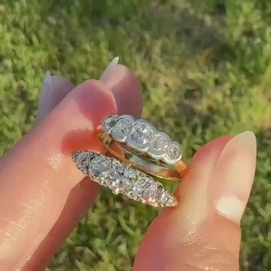 Victorian 1.2 Carat Antique Old Mine Cut Diamond Five Stone Ring 18k Gold Chunky Scrolled Ornate Band Diamond Rose Spacers Gemset Prongs