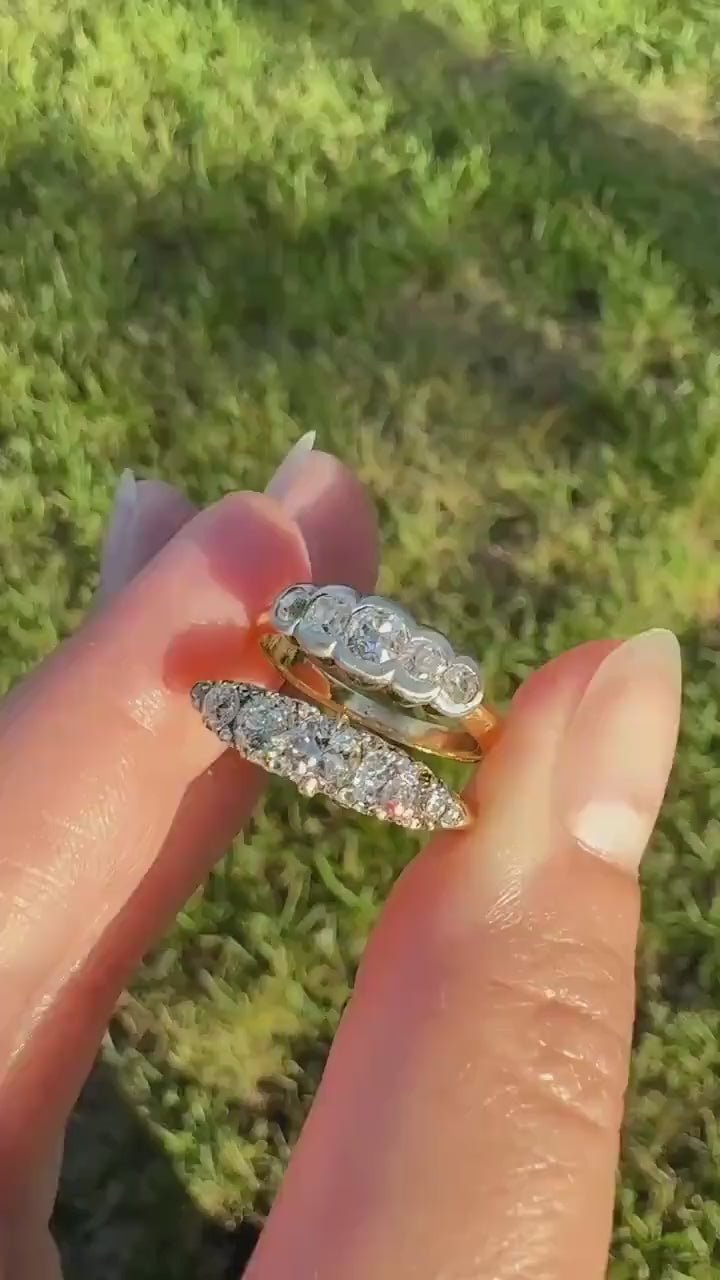 Victorian 1.2 Carat Antique Old Mine Cut Diamond Five Stone Ring 18k Gold Chunky Scrolled Ornate Band Diamond Rose Spacers Gemset Prongs