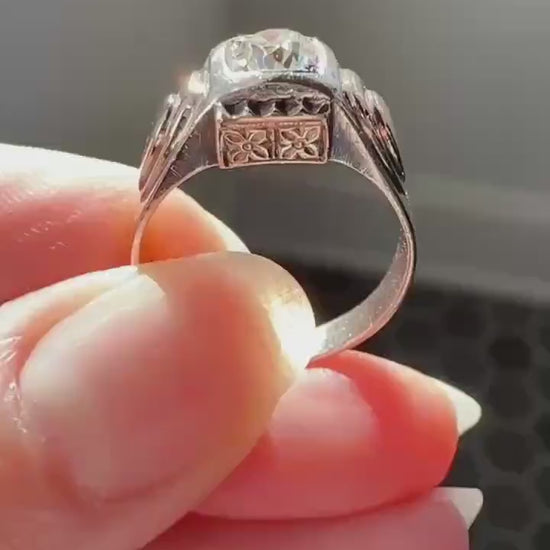 Floral .5 Carat Old Mine Cut Diamond 18k Gold Rosy Antique Solitaire Ring Square Bezel Unique Chunky Engagement Wedding