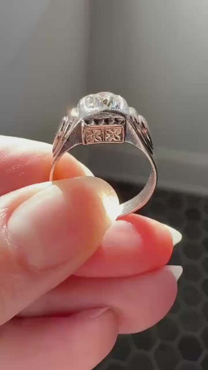 Floral .5 Carat Old Mine Cut Diamond 18k Gold Rosy Antique Solitaire Ring Square Bezel Unique Chunky Engagement Wedding