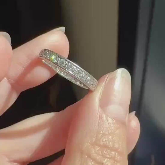 FRENCH Antique Edwardian Art Deco .8 Carat 26 Old Single Cut DiAMOND Platinum FuLL ETERNITY Band Engraved Ring Wedding 0.8Ctw Tdw Stacker