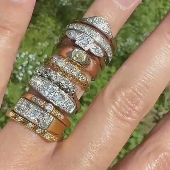 Three Stone Diamond Starburst Bezel Antique Art Deco Skinny Wedding Band 9k Gold Platinum Solid Stacker Ring Single Cut Dainty Engagement