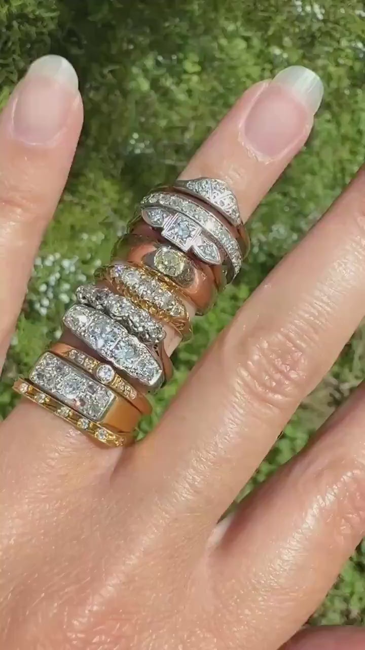 Three Stone Diamond Starburst Bezel Antique Art Deco Skinny Wedding Band 9k Gold Platinum Solid Stacker Ring Single Cut Dainty Engagement