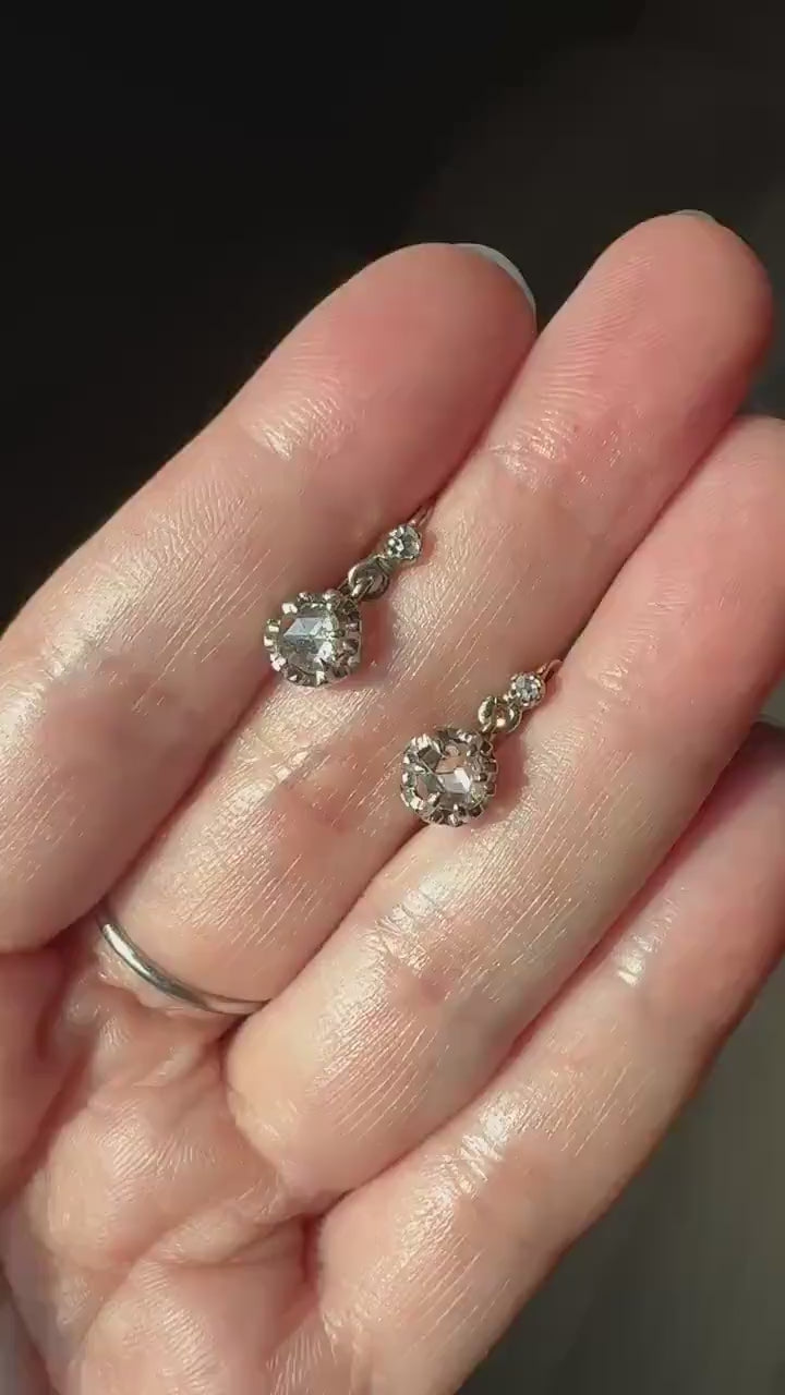 FRENCH Antique 18k GOLD Rose Cut Diamond Earrings Victorian Dangle Dormeuse Gift Belle Epoque Bridal Something Old Crown