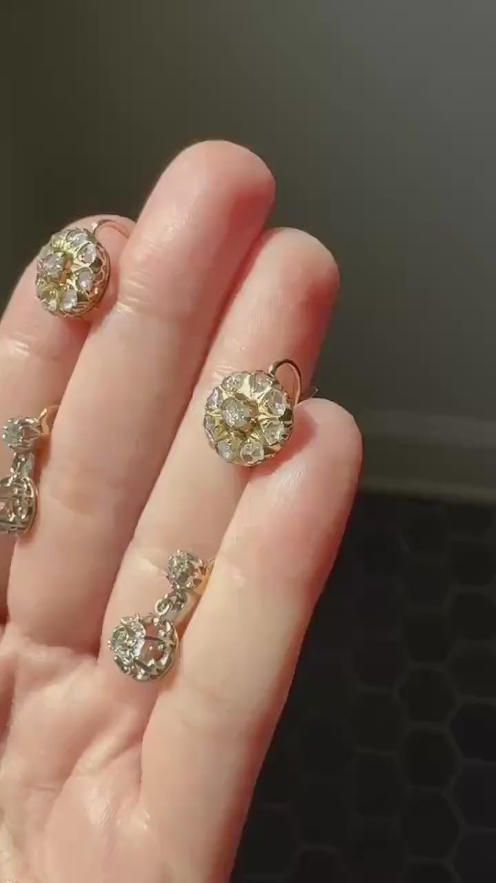 FRENCH Antique Boxed 1.4 Carat Tdw Old Mine Cut DIAMOND Natural Fleur de Lis Crown Earrings 18k Gold Platinum Victorian Dangle Dormeuse