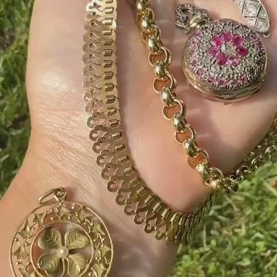 IVY Clover Pearl ANTIQUE French Belle Epoque 18k Gold Pendant Figural Medallion Love Medal Token Good Luck Charm Victorian Art Nouveau