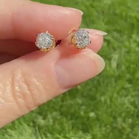 Antique 1 Carat 1Ctw. Cushion Cut Old Mine Cut DIAMOND Stud Earrings 18k GOLD Setting 9k Backs Romantic Gift Minimalist Earstack