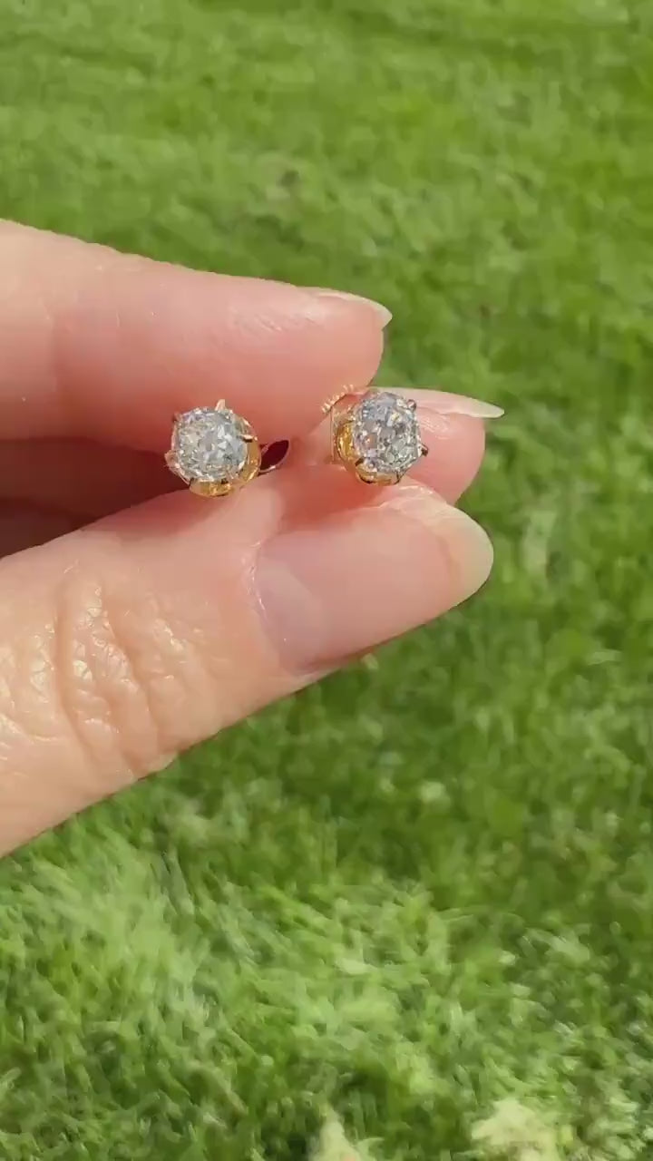 Antique 1 Carat 1Ctw. Cushion Cut Old Mine Cut DIAMOND Stud Earrings 18k GOLD Setting 9k Backs Romantic Gift Minimalist Earstack