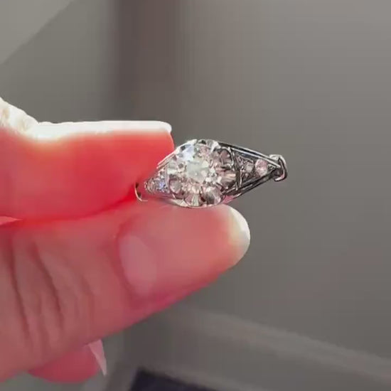 Antique Art Deco .68 Carat Old Mine Cut DIAMOND Solitaire w/ Accents Engagement Ring 18k White Gold Platinum Unique Stacker Romantic Gift