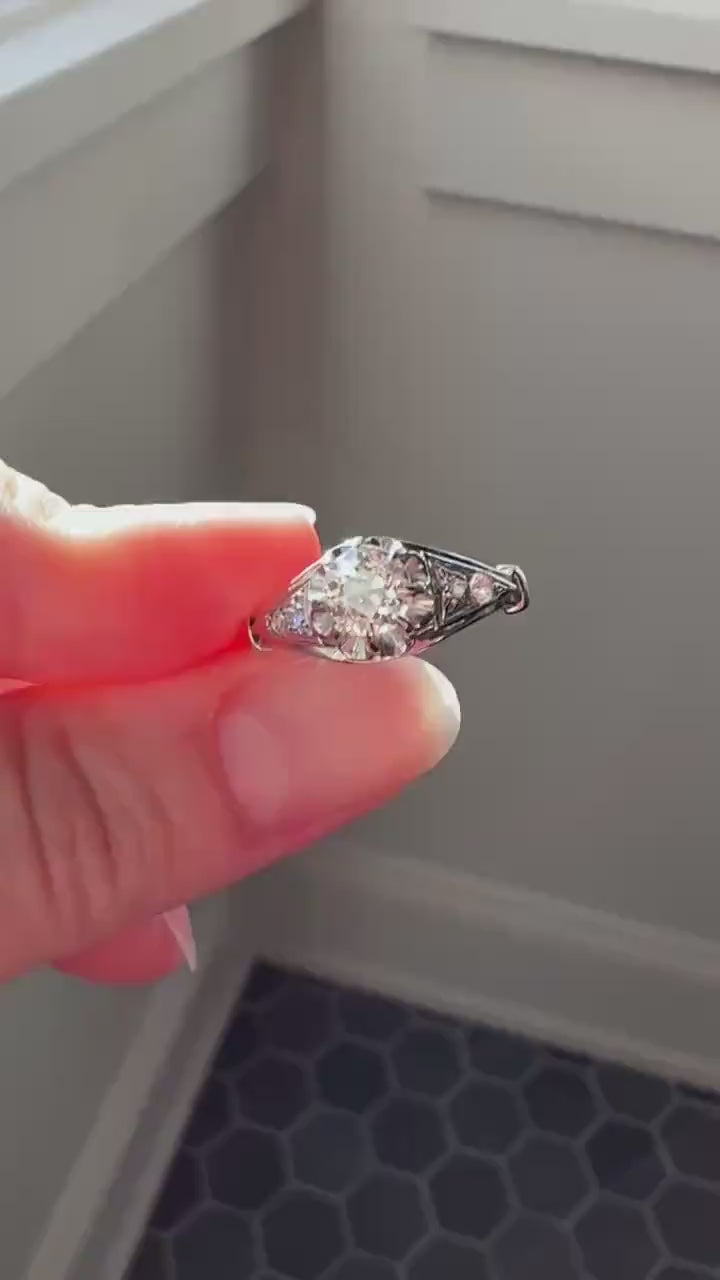 Antique Art Deco .68 Carat Old Mine Cut DIAMOND Solitaire w/ Accents Engagement Ring 18k White Gold Platinum Unique Stacker Romantic Gift