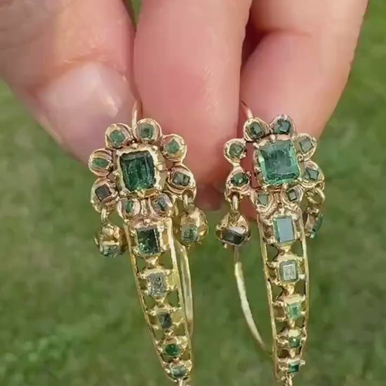 ANTIQUE Iberian Natural Square Cut EMERALD Georgian Era Floral Dangle Linear Earrings Boxed 18k Gold Hand Made Baroque Green