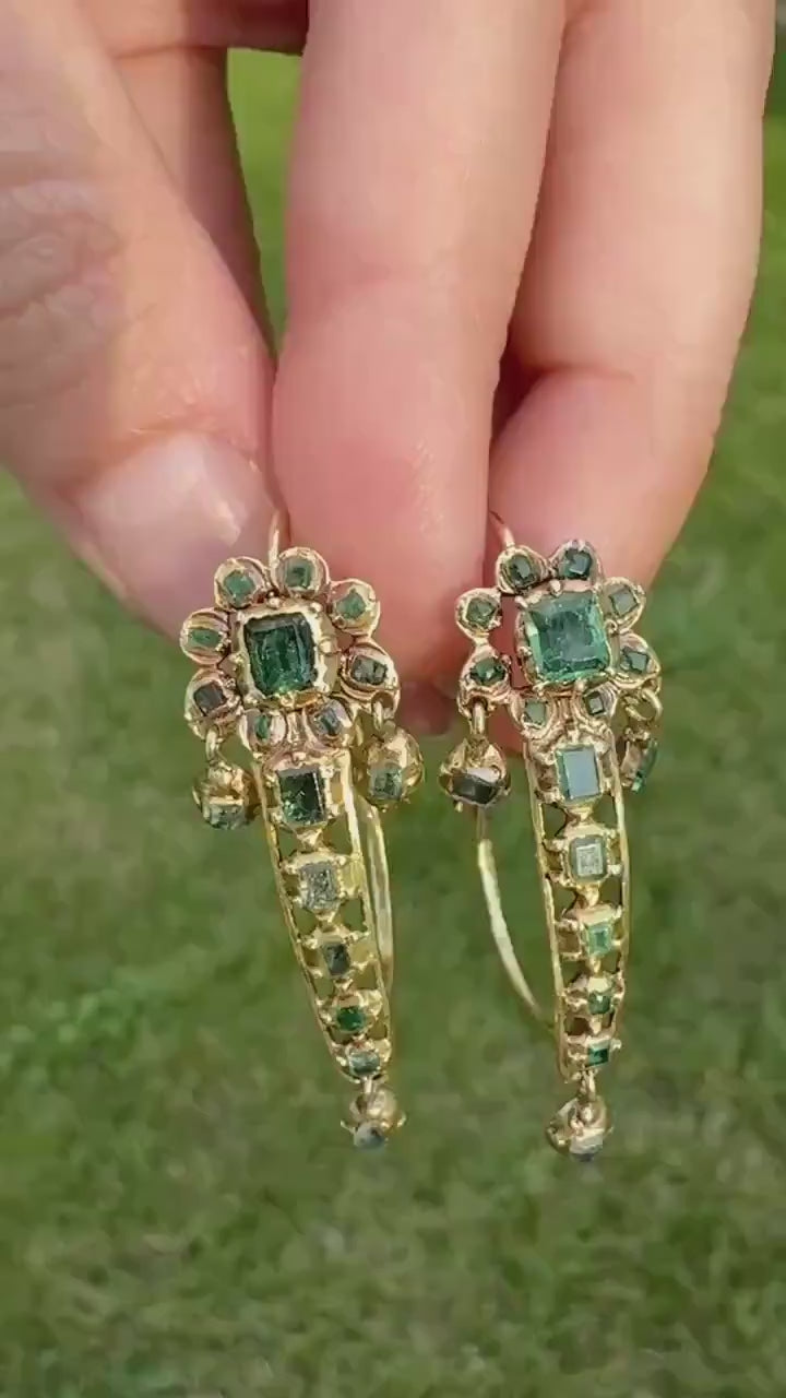ANTIQUE Iberian Natural Square Cut EMERALD Georgian Era Floral Dangle Linear Earrings Boxed 18k Gold Hand Made Baroque Green