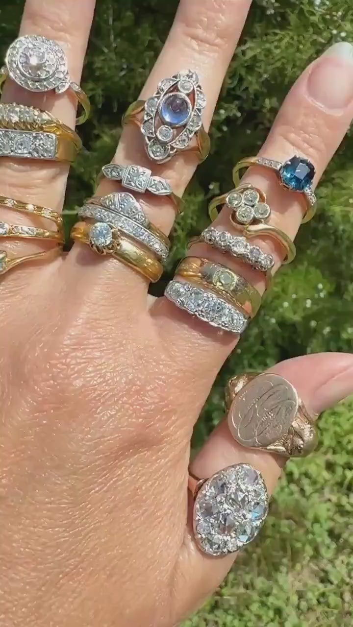 French Antique Bague Au Firmament Three Old Mine Cut Diamond Blue Enamel 18k Gold Ring of Heaven STAR Victorian Ornate Bead Rivet Halo OMC
