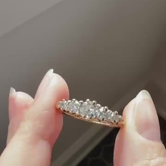 Five Stone 1 Carat Old Mine Cut DIAMOND Antique 18k Gold Ring Stacker Band Graduated Ornate Scrolled Anniversary Wedding Sparkle 1Ctw OMC