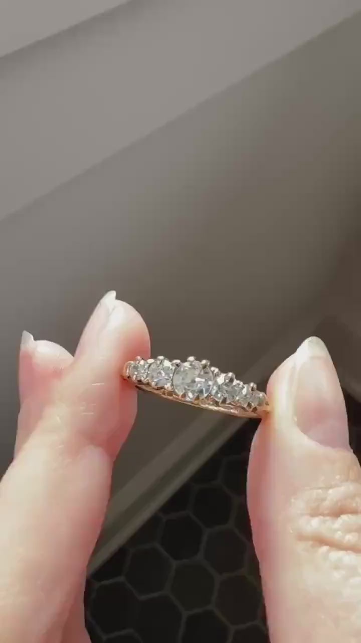 Five Stone 1 Carat Old Mine Cut DIAMOND Antique 18k Gold Ring Stacker Band Graduated Ornate Scrolled Anniversary Wedding Sparkle 1Ctw OMC