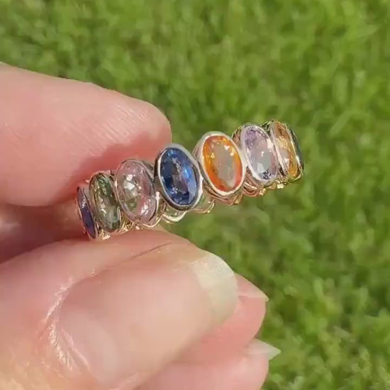 Natural Rainbow SAPPHIRES 3.5 Carats Oval Bezel Set Eternity Band 18k Rose Gold Ring Blue Yellow Green Pink