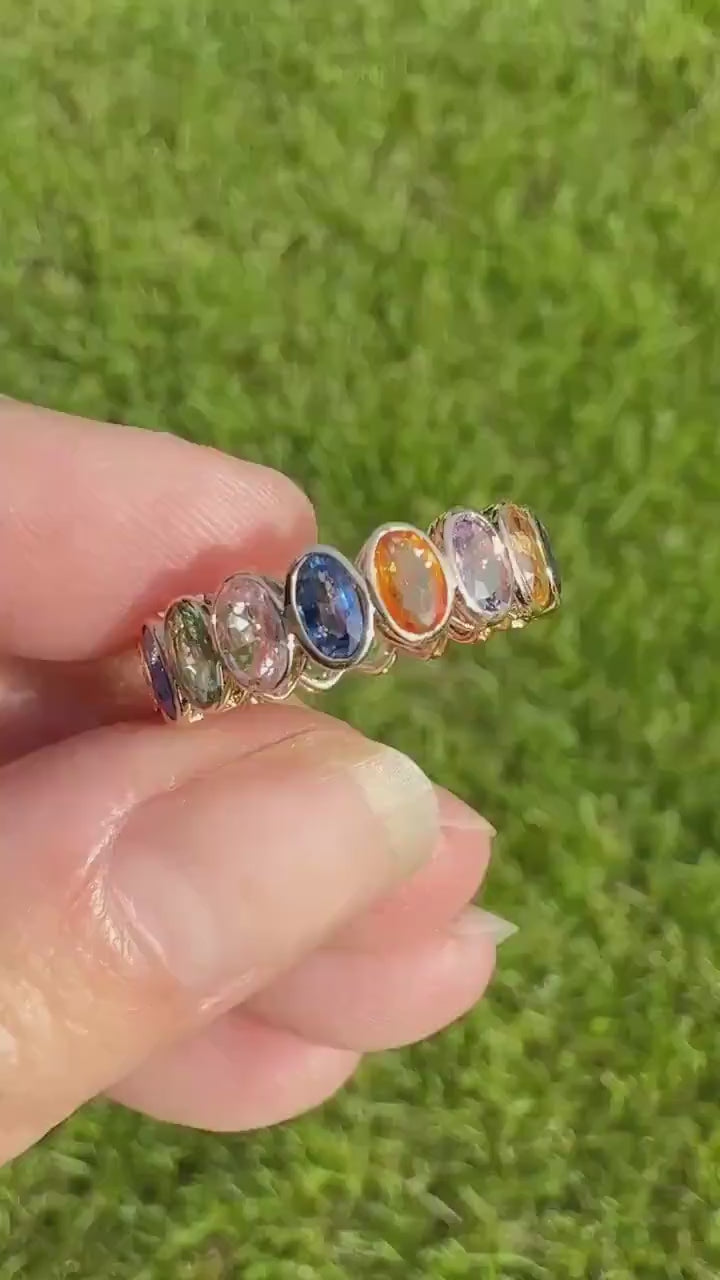 Natural Rainbow SAPPHIRES 3.5 Carats Oval Bezel Set Eternity Band 18k Rose Gold Ring Blue Yellow Green Pink