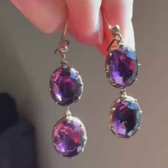 GEORGIAN Antique 10k GOLD Purple Paste Amethyst Dangle EARRINGS Domed Foil Backed Violet Bridal Wedding Something Old Two Stone Victorian