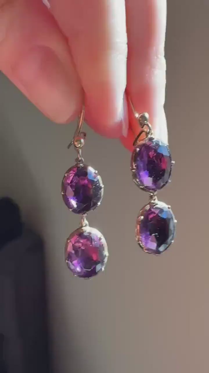 GEORGIAN Antique 10k GOLD Purple Paste Amethyst Dangle EARRINGS Domed Foil Backed Violet Bridal Wedding Something Old Two Stone Victorian