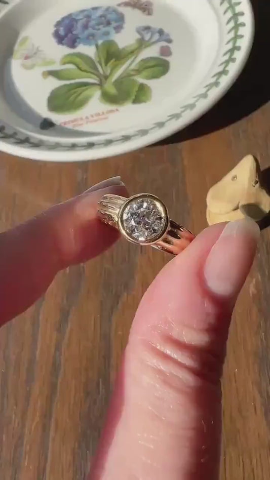 Bezel Set 1.4 Carat Old Mine Cut DIAMOND Antique Stone 18k Gold Gypsy Ring Solitaire Engagement Chunky Wide Band Stacker Romantic Gift OmC
