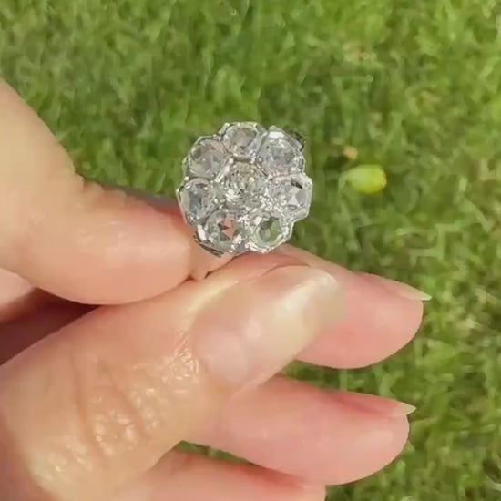 Antique Old Mine & Rose Cut Diamond Cobblestone Daisy Cluster Ring PLATINUM French Edwardian Disco Ball Halo