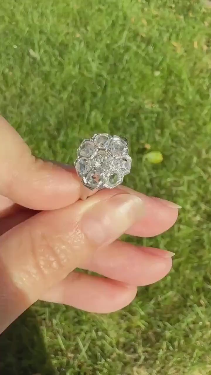 Antique Old Mine & Rose Cut Diamond Cobblestone Daisy Cluster Ring PLATINUM French Edwardian Disco Ball Halo