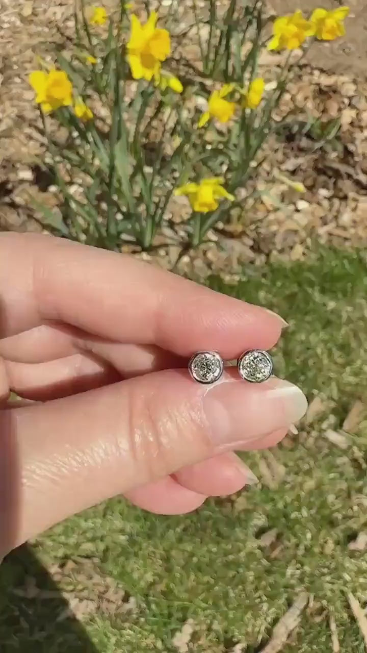 Timeless One Carat Tdw Natural Warm Old Mine Cut DIAMOND Bezel Set Studs Earrings Antique Stones Vintage 18k White Gold 1Ctw OMC Studs