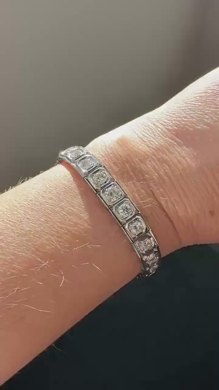 Art Deco 4.9 Carat 33 Old Mine & Transitional Cut Octagon DIAMOND Tennis Bracelet Platinum 18k White Gold Vintage Bezel Set Wriststack 5Ct