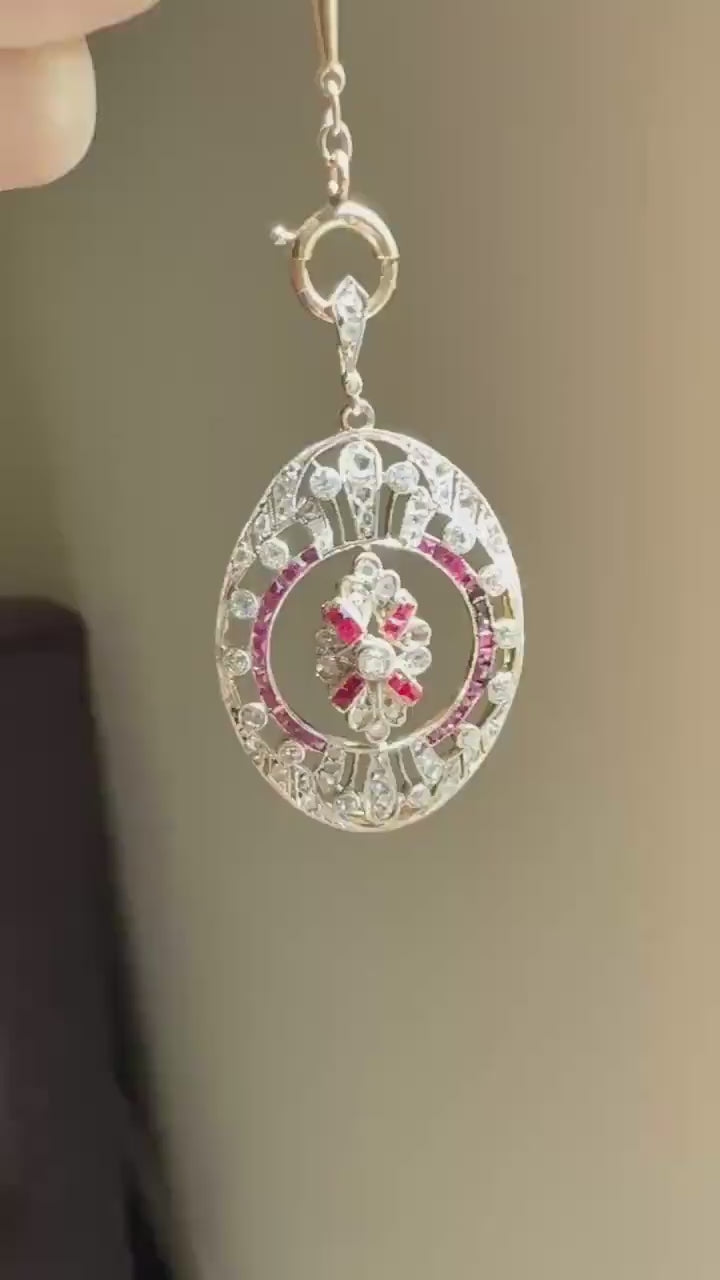 XL French Edwardian Ruby 1.75 Carat Old Mine Rose Cut DIAMOND Oval Pendant Open Work Medallion Pink Carre Cut Halo Ornate Sparkle 1 3/4 OMC