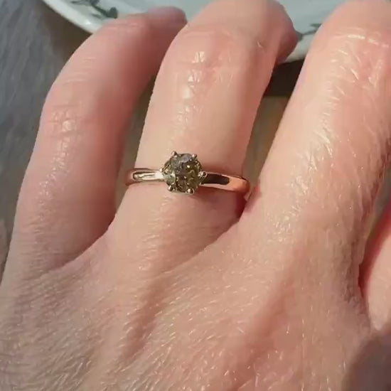 Vintage Band Antique Diamond .69 Carat Fancy Brown Old Mine Cut 18k Gold Dated Wedding Ring Solitaire Champagne Ooak Stacker Engagement Gift