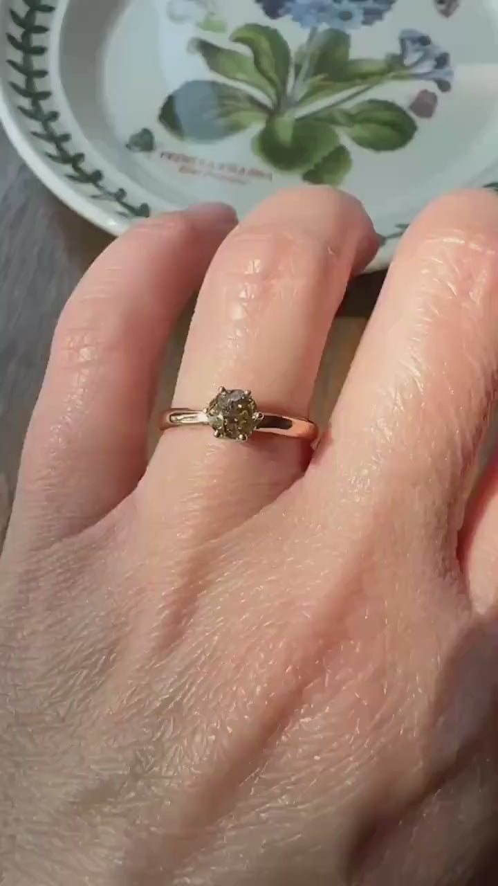 Vintage Band Antique Diamond .69 Carat Fancy Brown Old Mine Cut 18k Gold Dated Wedding Ring Solitaire Champagne Ooak Stacker Engagement Gift