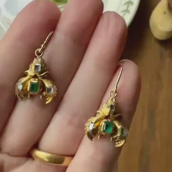 Antique EMERALD Table Cut DIAMOND Enamel Backed 18k Gold & 14k Dangle EARRINGS Georgian Renaissance Revival Green Unique Ooak One of a Kind