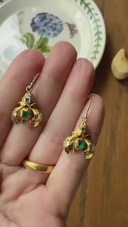 Antique EMERALD Table Cut DIAMOND Enamel Backed 18k Gold & 14k Dangle EARRINGS Georgian Renaissance Revival Green Unique Ooak One of a Kind