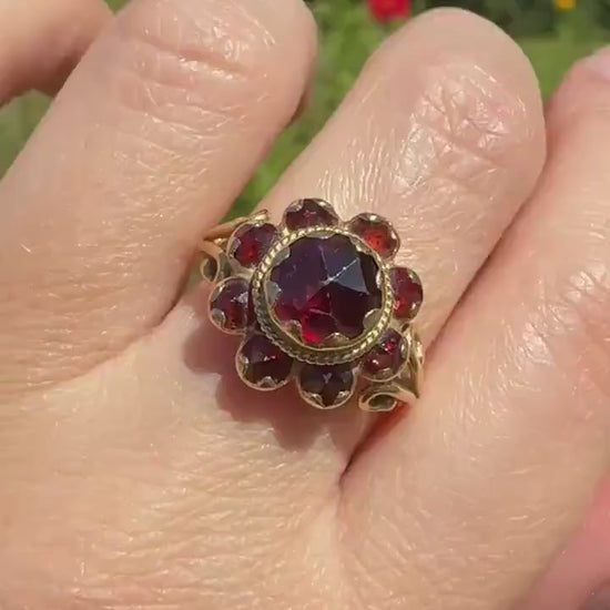 Cluster Vintage Perpignan GARNET Bauble Ring Ornate tacker Crimson Glowing Red Tiered Romantic Gift Victorian Antique Style
