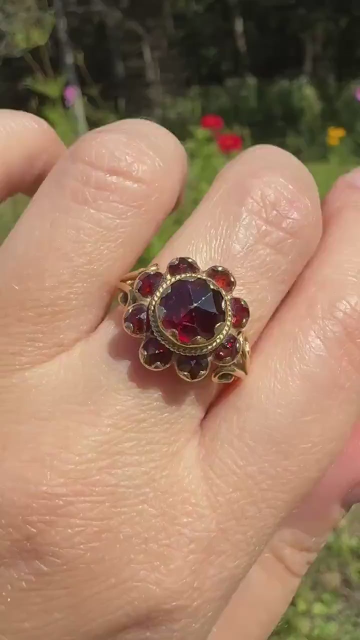 Cluster Vintage Perpignan GARNET Bauble Ring Ornate tacker Crimson Glowing Red Tiered Romantic Gift Victorian Antique Style