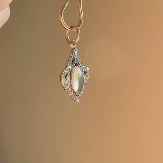 GEORGIAN Antique Bowed HEART Garland Halo Locket Back Pendant 10k Gold Silver Moonstone Rose Cut DIAMOND Magnifier Gift Figural Victorian