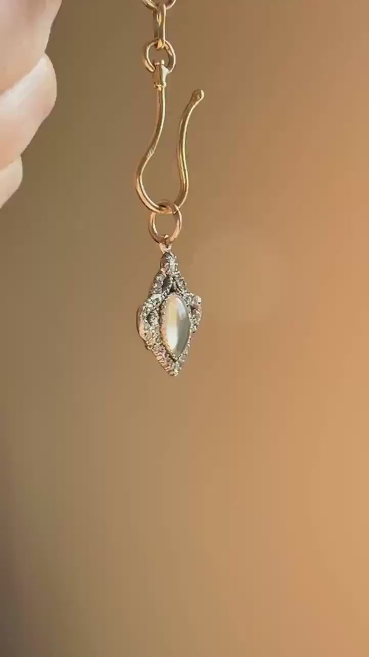 GEORGIAN Antique Bowed HEART Garland Halo Locket Back Pendant 10k Gold Silver Moonstone Rose Cut DIAMOND Magnifier Gift Figural Victorian