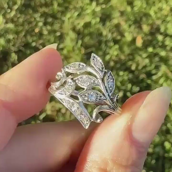 Vintage Art Deco Old Single Cut Diamond LEAF Ring 14k White Gold Ornate Scrolled Bypass Band Figural Stacker