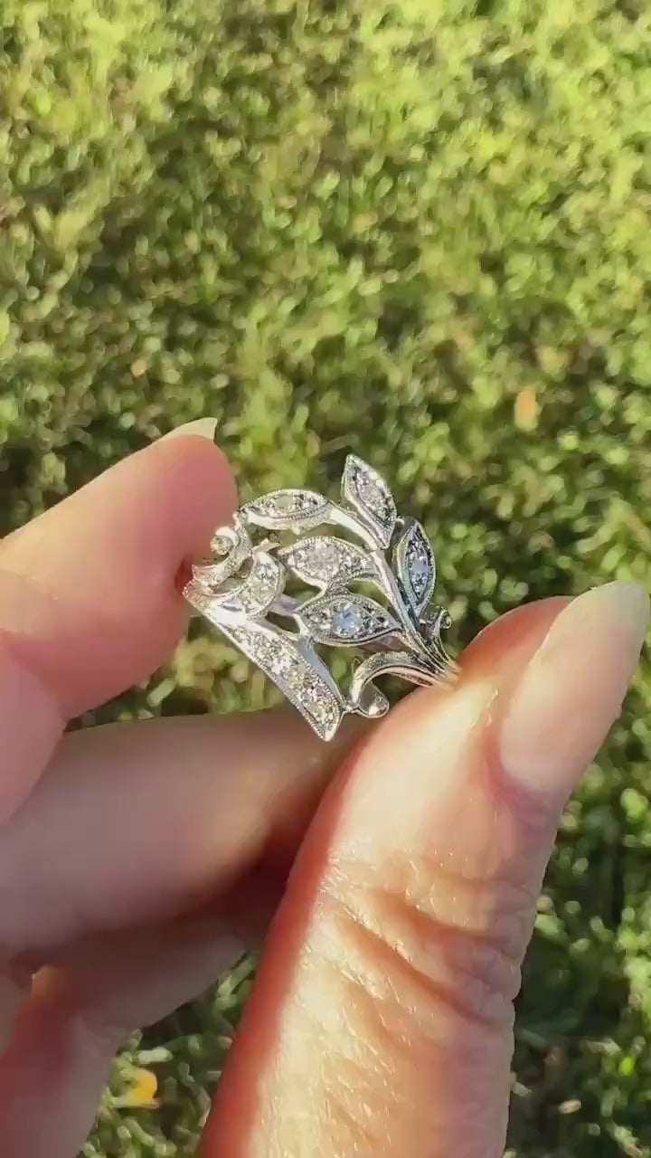 Vintage Art Deco Old Single Cut Diamond LEAF Ring 14k White Gold Ornate Scrolled Bypass Band Figural Stacker