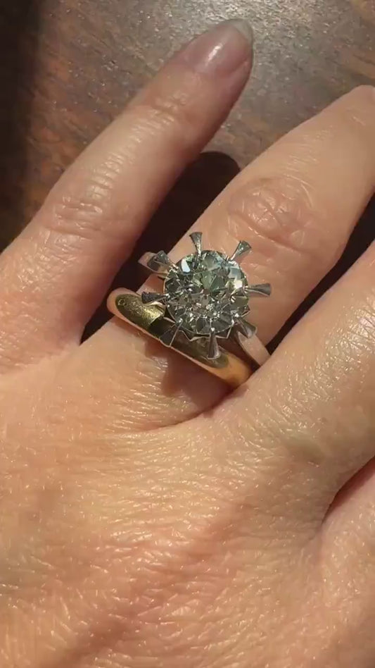 Unique Vintage 2.4 Carats Old Mine Cut DIAMOND Sunburst Ring Solitaire Engagement 18k White Gold & Platinum Architectural Claw Prongs ooak