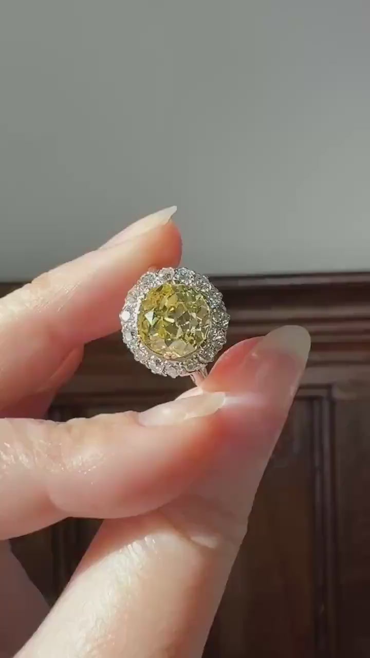 ANTIQUE Fancy Canary Yellow 2.9 Carat Old Mine Cut Diamond Colorless OMC Halo 3.65Ctw Cluster Ring Edwardian Platinum