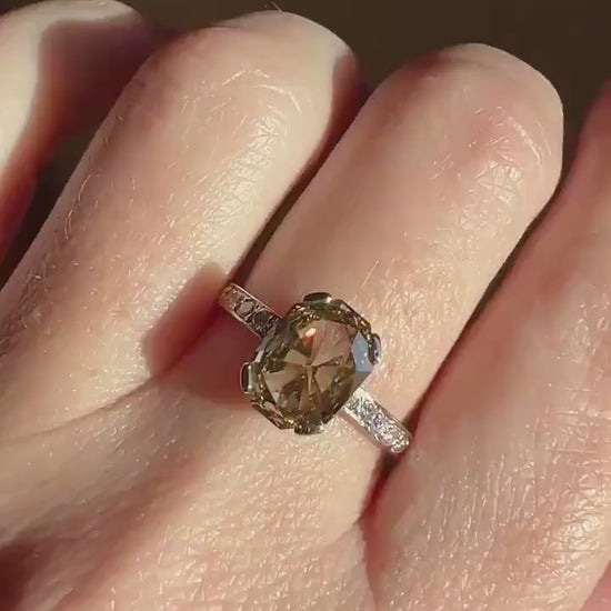 Fancy BROWN Yellow Eye Clean Elongated Octagon Brilliant Cut DIAMOND Ring 2.5 Carat Tdw Platinum Hidden Halo Engagement Solitaire Gift Rare