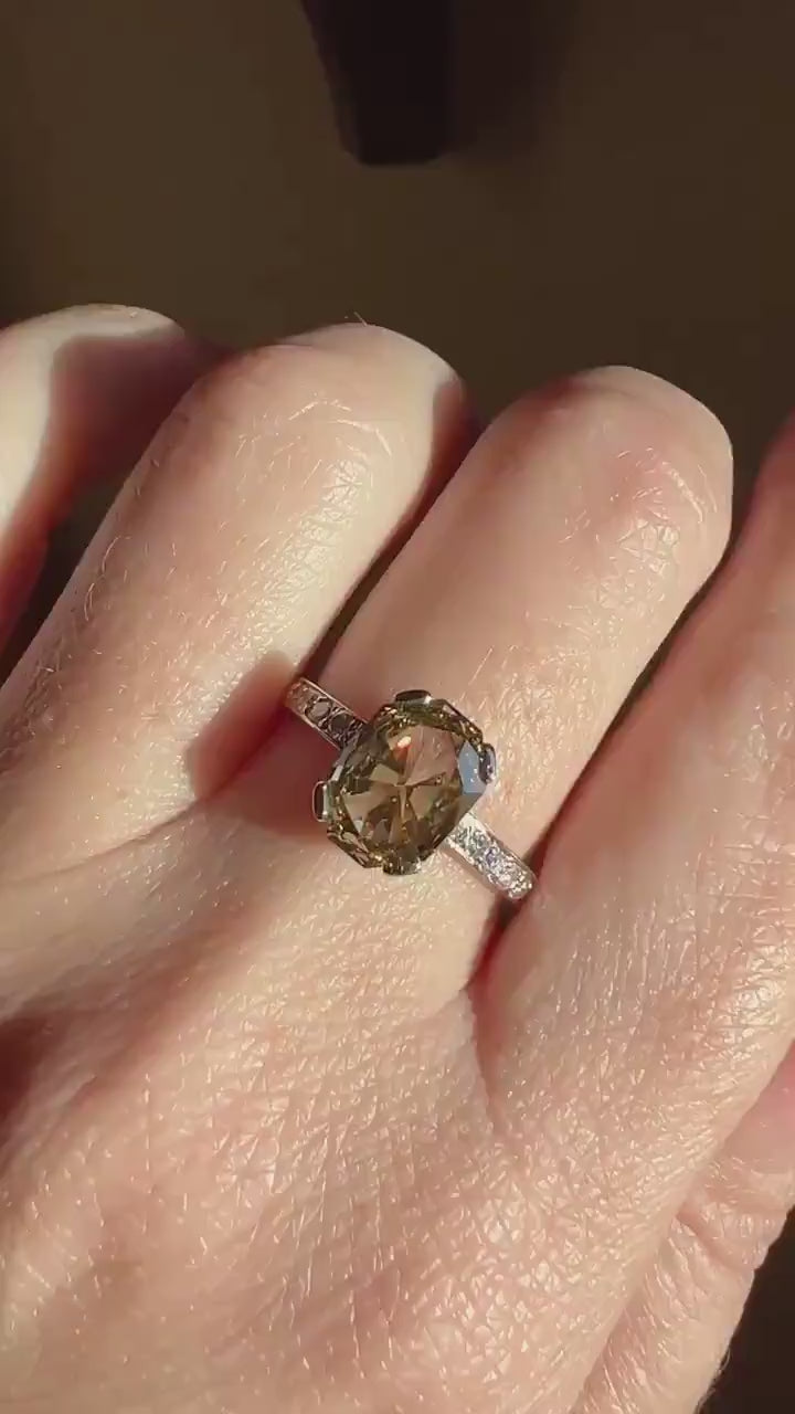 Fancy BROWN Yellow Eye Clean Elongated Octagon Brilliant Cut DIAMOND Ring 2.5 Carat Tdw Platinum Hidden Halo Engagement Solitaire Gift Rare