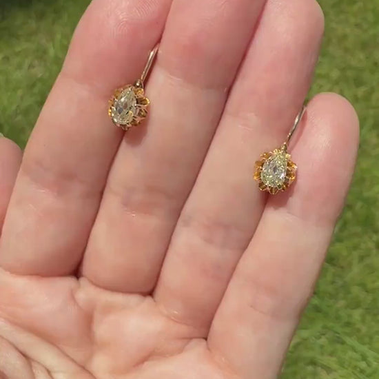 Rare PEAR Pale Yellow Old Mine Cut ANTIQUE One Carat Diamond Dormeuse Earrings 18k Gold Fixed Buttercup Setting Minimalist Sparkle Victorian