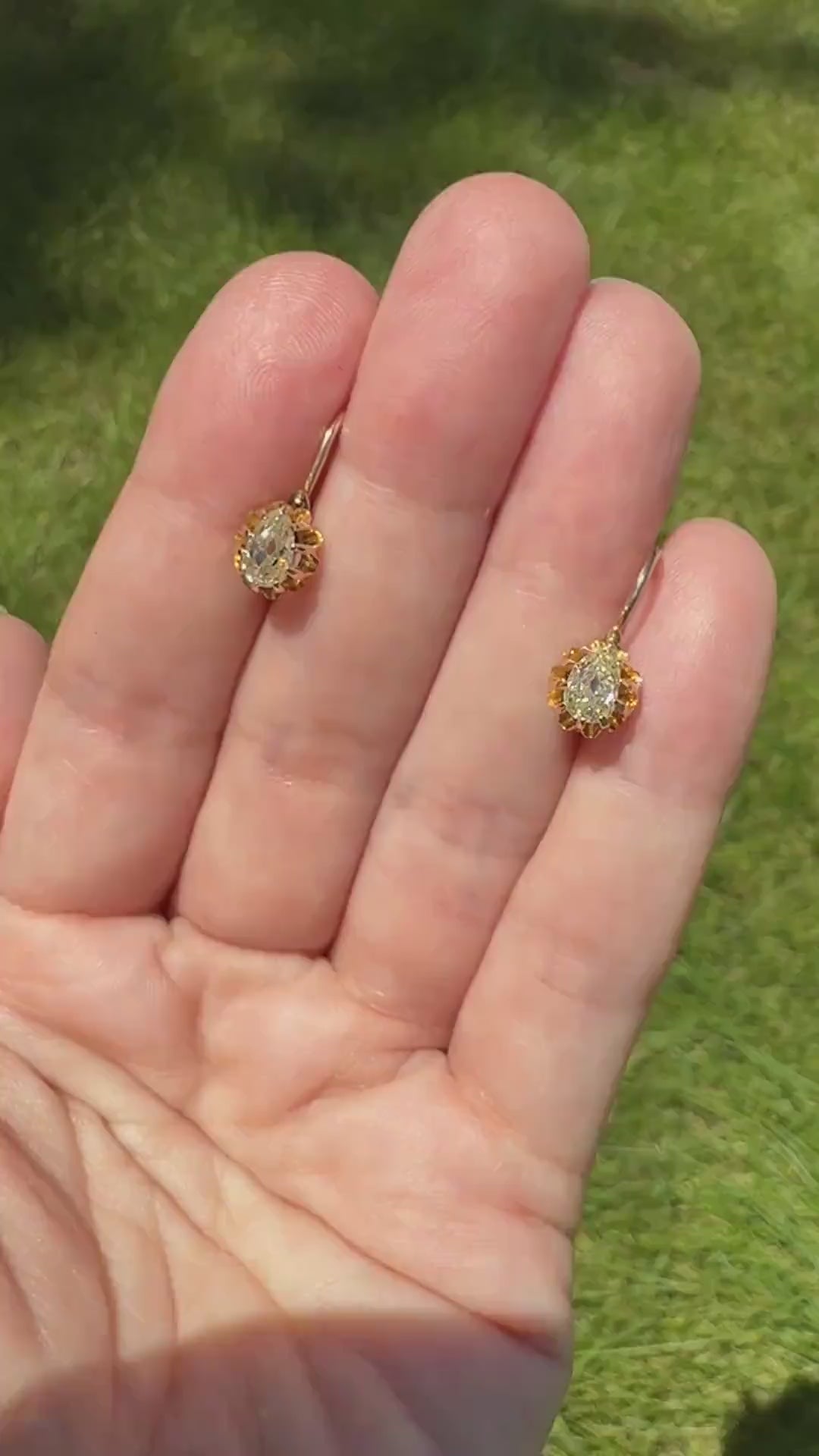 Rare PEAR Pale Yellow Old Mine Cut ANTIQUE One Carat Diamond Dormeuse Earrings 18k Gold Fixed Buttercup Setting Minimalist Sparkle Victorian