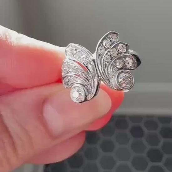 BUTTERFLY Ring Art Deco Old Mine Transitional Cut Diamonds Vintage Ring Flared Swirl Flared Fan 14k White Gold Unique Stacker