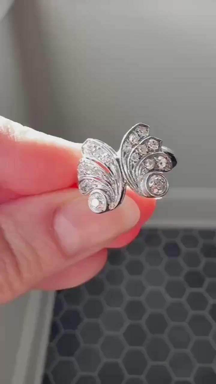 BUTTERFLY Ring Art Deco Old Mine Transitional Cut Diamonds Vintage Ring Flared Swirl Flared Fan 14k White Gold Unique Stacker
